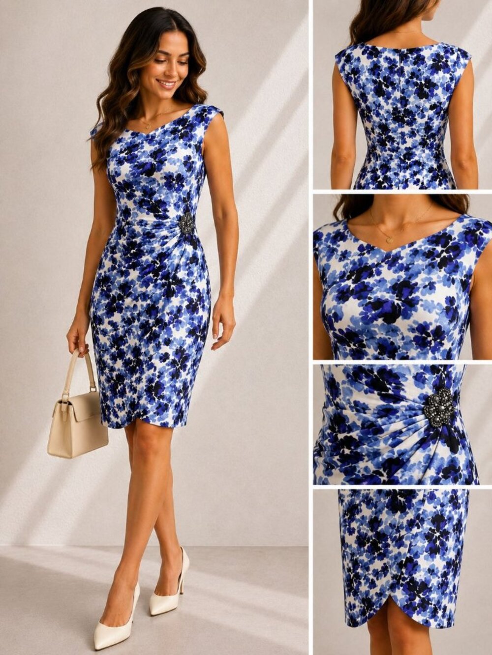 Alex Evenings Womens Size 10 Blue Floral Sheath Cocktail Dress Beaded